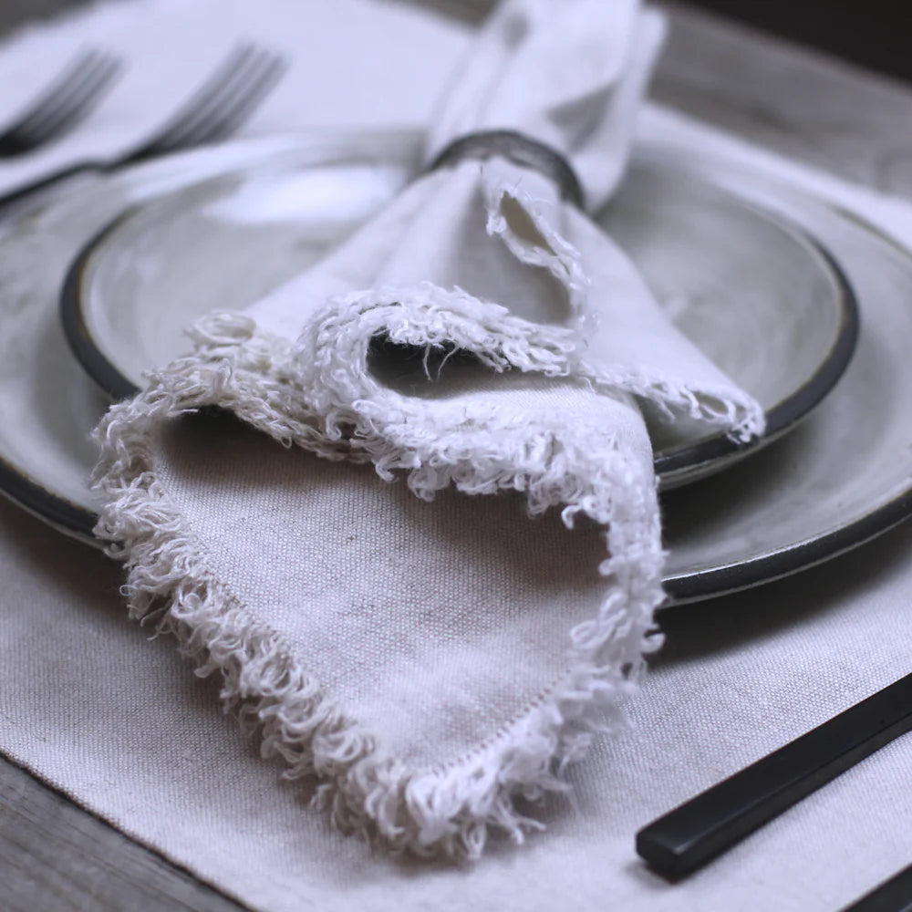 LINEN NAPKIN - STONEWASHED White with Frayed Edges - Luxury Thick Linen